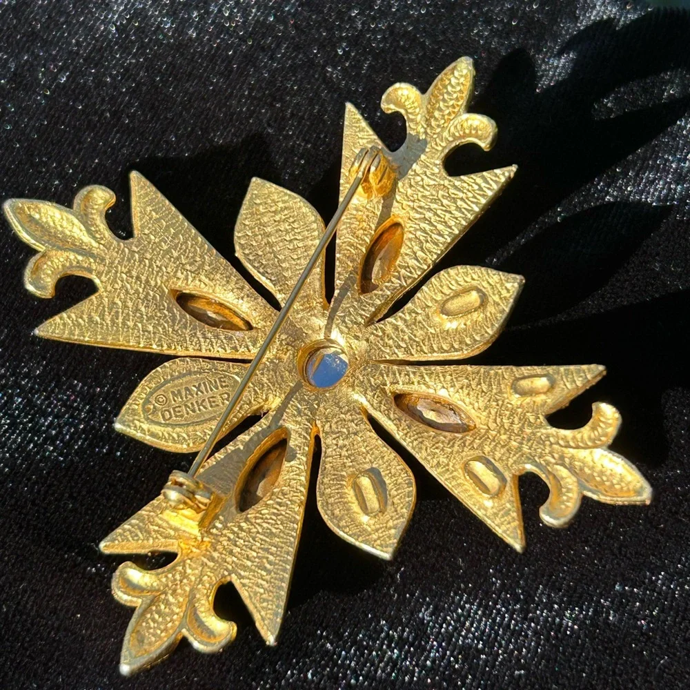 Maltese Cross with Fleur de Lis Brooch Rhinestone Purple Brown Gold Signed
